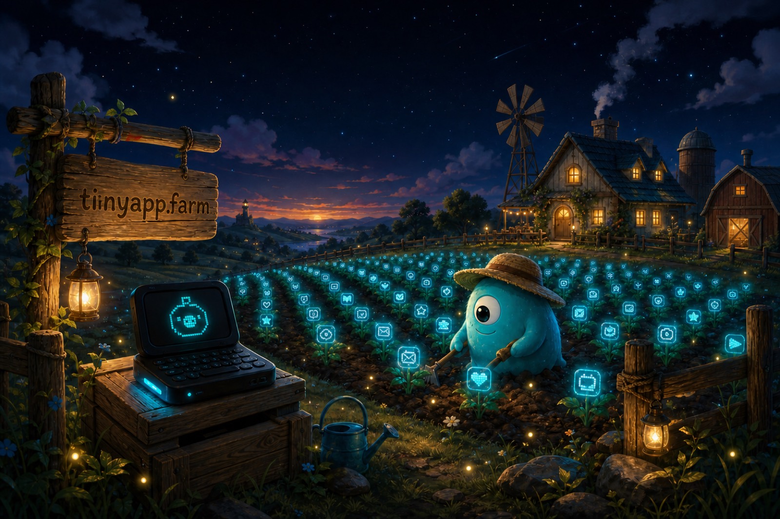 A fantasy farm at dusk with glowing apps in rows and Titan tending the field.